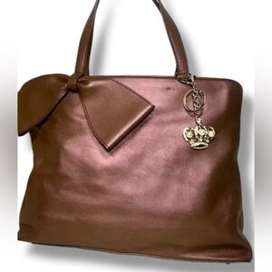 FURLA Leather Rose Brown Metallic Tote Bag with Bow and UB Crown Charm Classy
